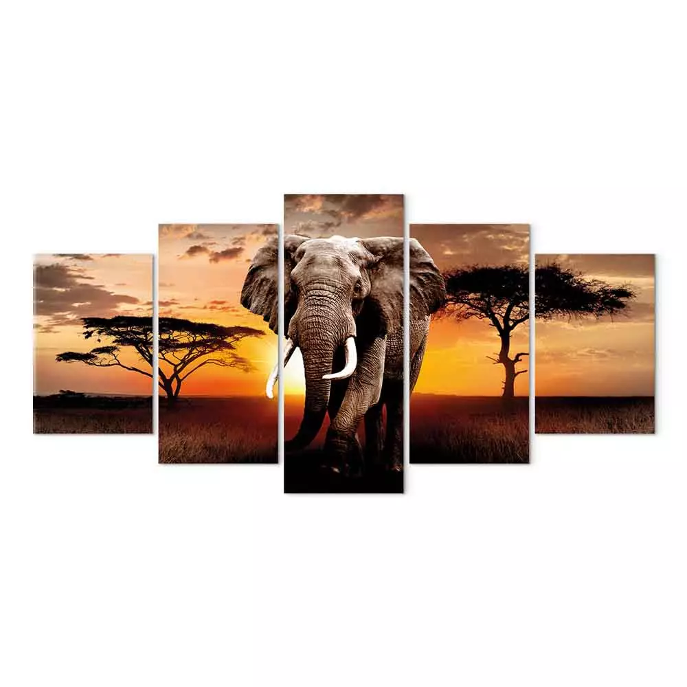 Canvas Painting Elephant Trek 5 piece Sunset on the African Savanna bimago