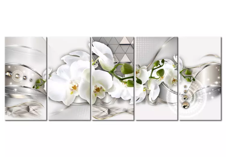 Canvas Print Beautiful Orchids (5-piece) - White Flowers and Geometric Figures