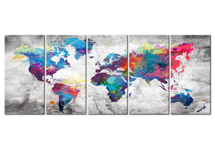 Canvas Print World Map: Spilled Paint (5-piece) - Colorful World and Gray Background