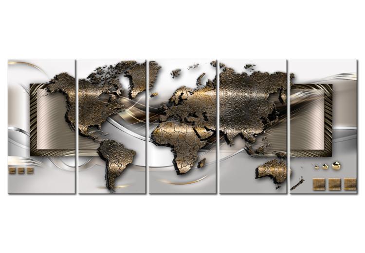 Canvas Print Elegant Map (5-piece) - Silver-Gold World with Abstraction in Background