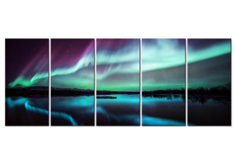 Canvas Print Polar Sky at Night (5-piece) - Landscape with Aurora and Sea