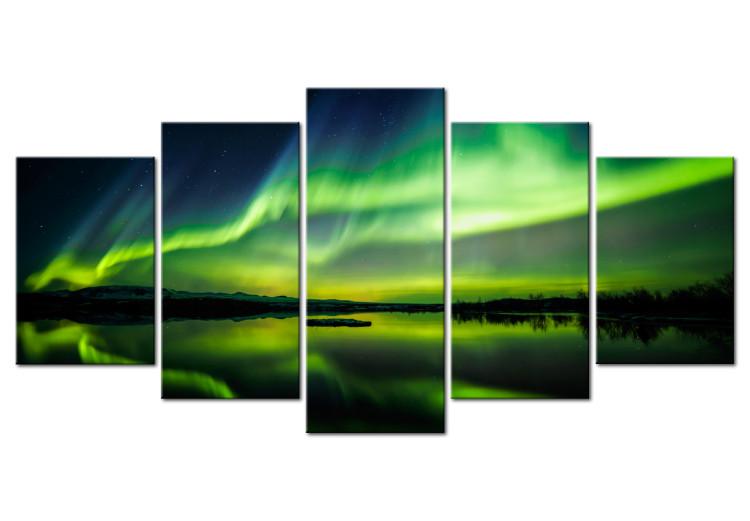 Canvas Print Night Glow (5-piece) - Sky with Green Aurora over Calm Sea