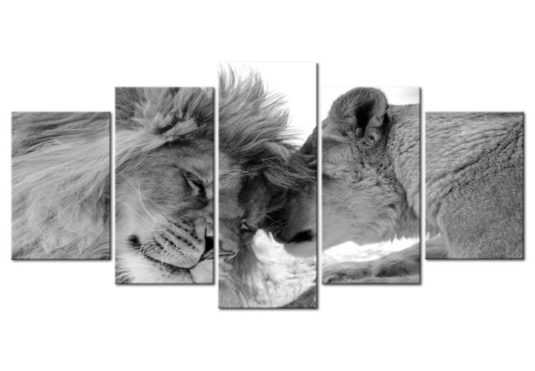 Canvas Print Lion Love (5-piece) - Black and White Composition with Animal Motif