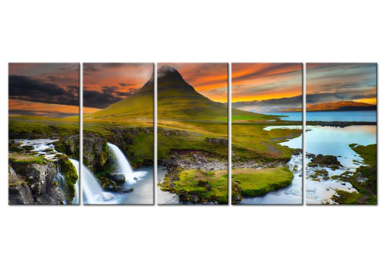 Canvas Print Wonderful Iceland (5-piece) - Waterfall amidst Green Landscape