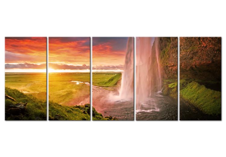 Canvas Print Sunny Waterfall (5-piece) - Landscape with Sunset in Mountains