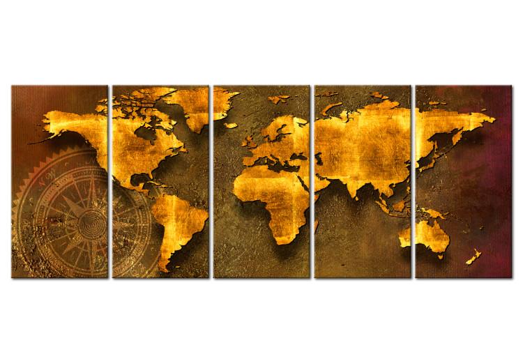 Canvas Print Far Journeys (5-piece) - World Map and Compass in Golden Aesthetic