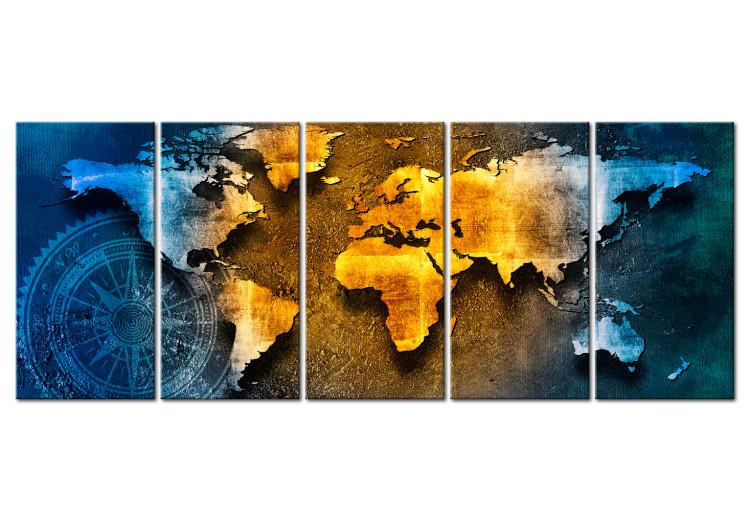 Canvas Print Blue Shadow (5-piece) - World Map with Compass on Texture
