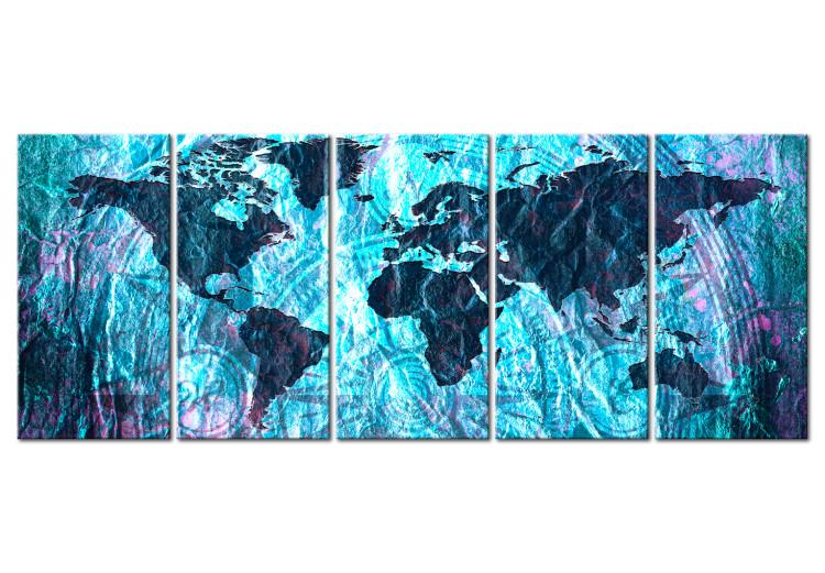 Canvas Print Neon Oceans (5-piece) - Blue Continents on World Map