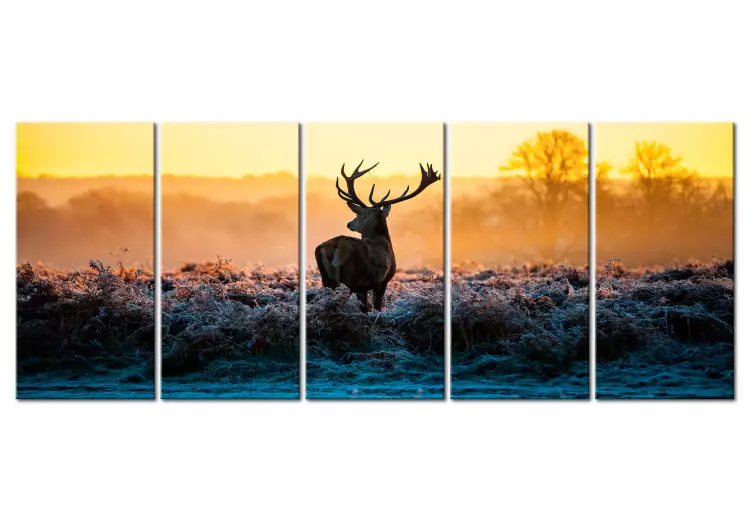 Canvas Print Winter Afternoon (5-piece) - Antlered Deer in Sunny Field