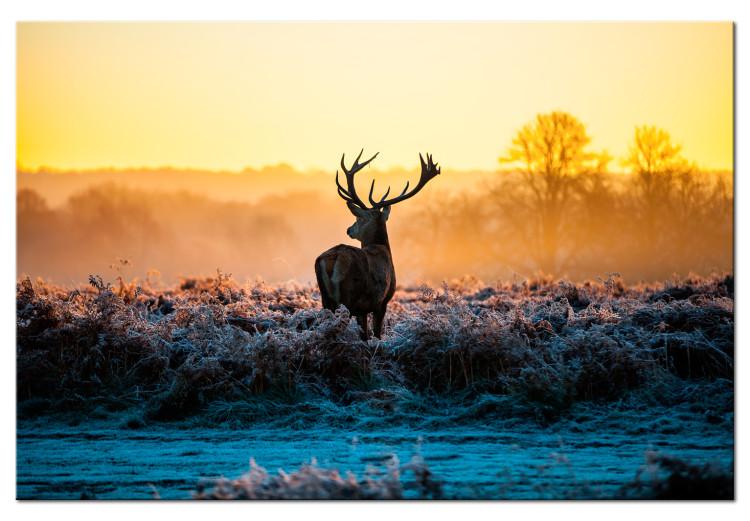 Canvas Print Winter Time (1-piece) - Deer and Sunset on Grass Field