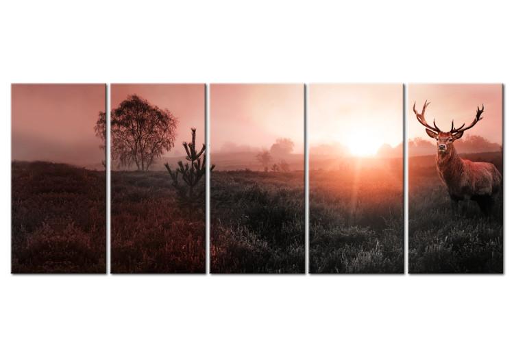 Canvas Print Sun on the Horizon (5-piece) - Deer and Fields in Red Hue