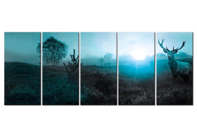 Canvas Print Emerald Deer (5-piece) - Animal Figure and Sun on Fields