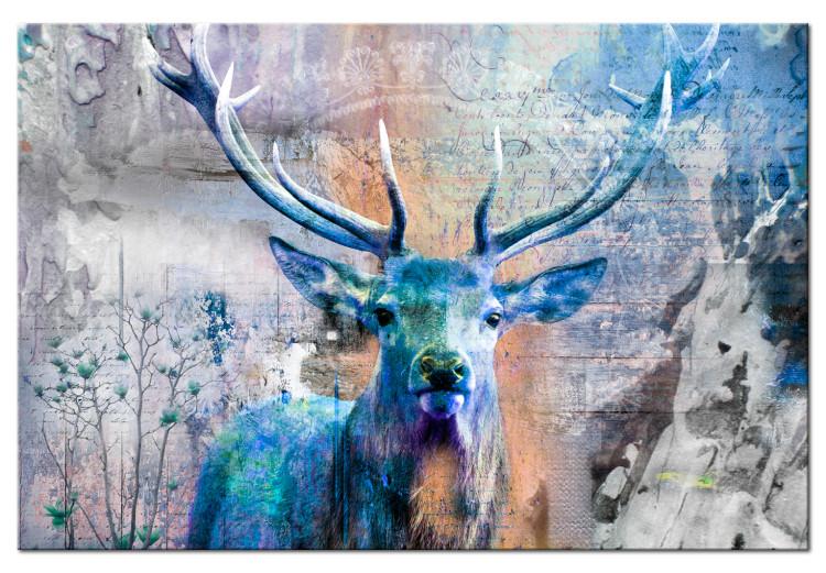 Canvas Print Blue Deer (1-piece) - Horned Animal and Texts on Wooden Background