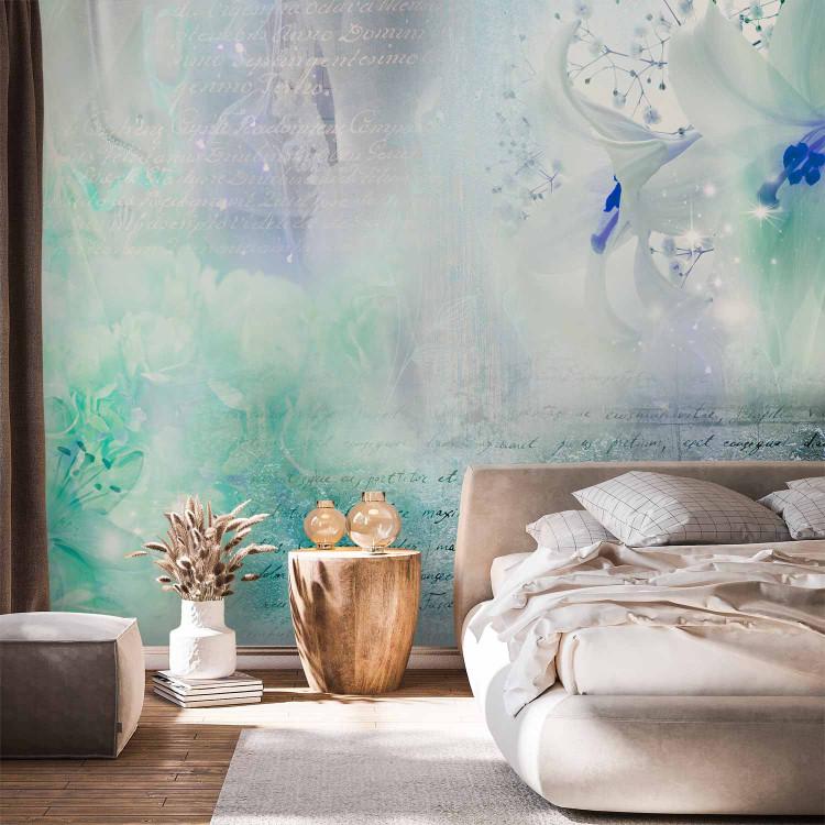 Wall Mural Lilies - abstract with motif of flowers in shades of green and inscriptions