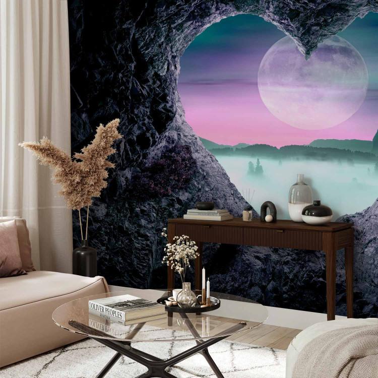 Wall Mural Cave - mountain landscape with full moon and heart motif in green tones