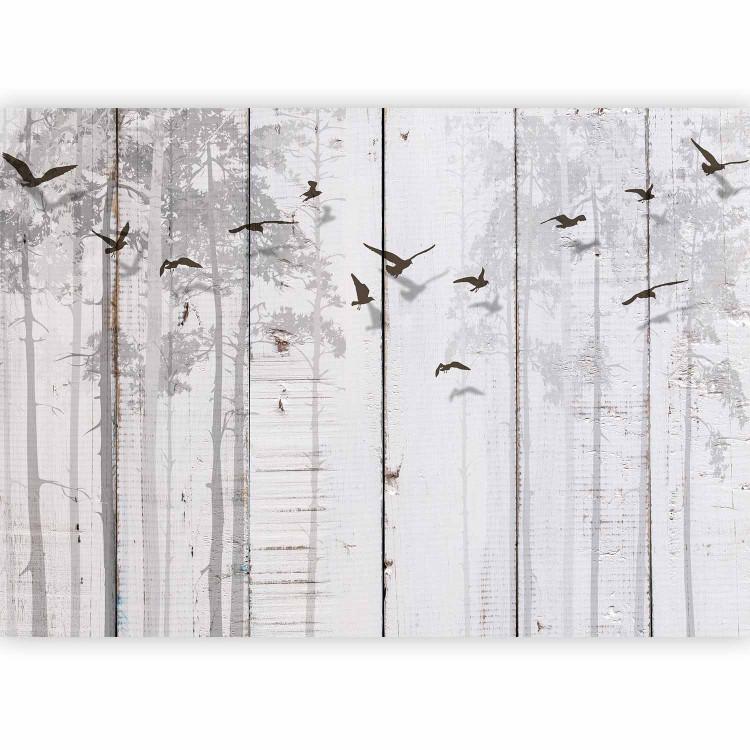Minimalist motif - black birds on a white background with wood texture