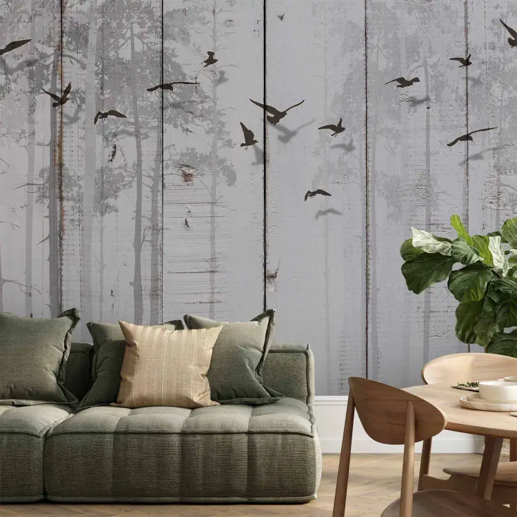 Minimalist motif - black birds on a white background with wood texture