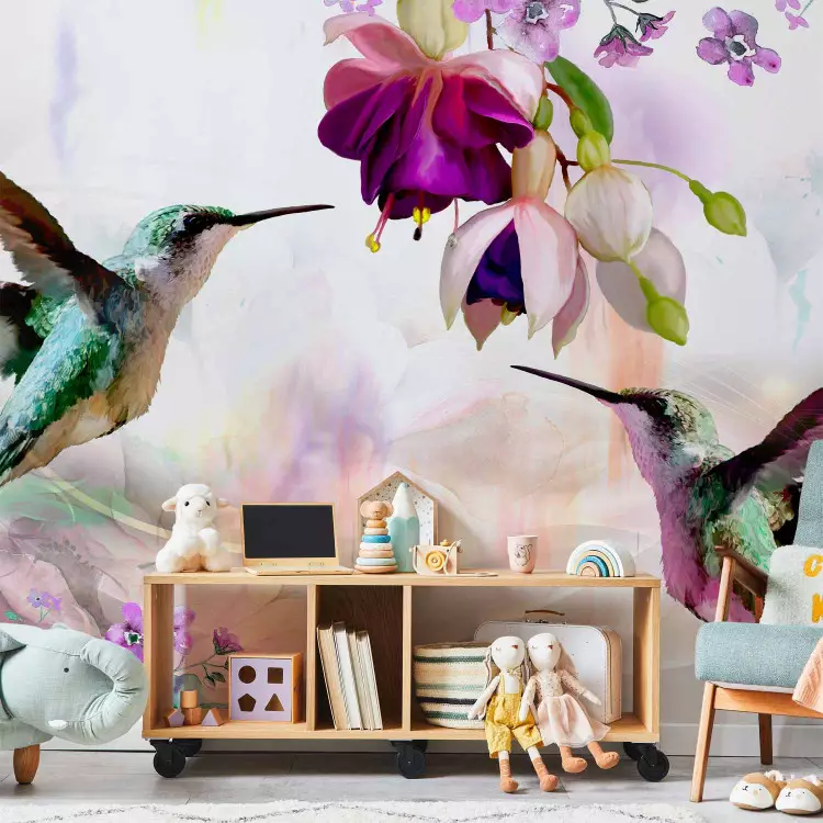 Wall Mural Hummingbirds - birds on a background of colourful flowers in shades of purple and pink