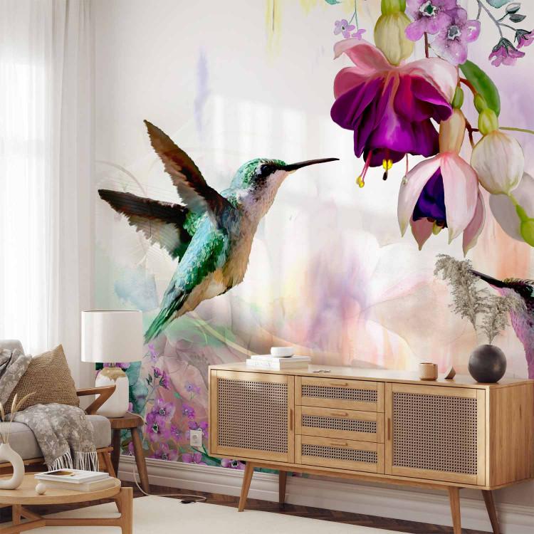 Wall Mural Hummingbirds - birds on a background of colourful flowers in shades of purple and pink