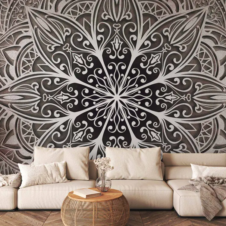 Oriental zen flower - exotic white Mandala motif on grey background
