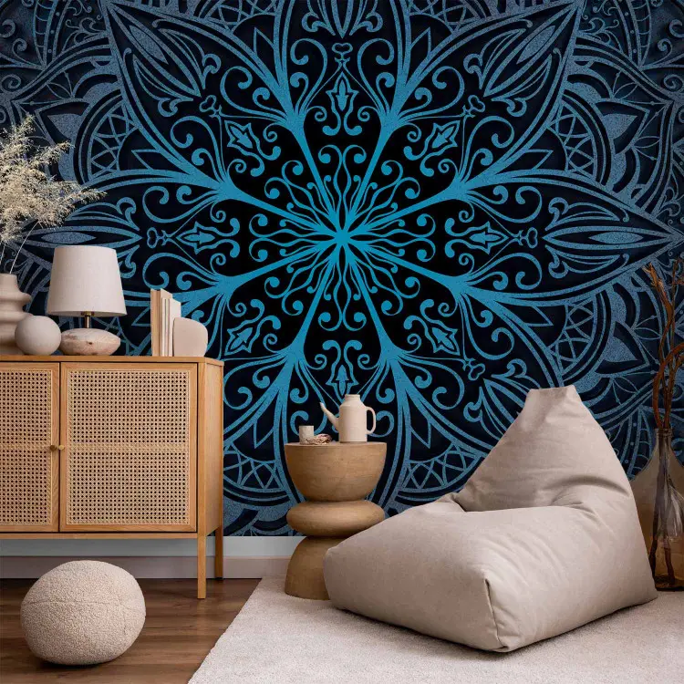 Oriental zen flower - exotic blue Mandala on black background