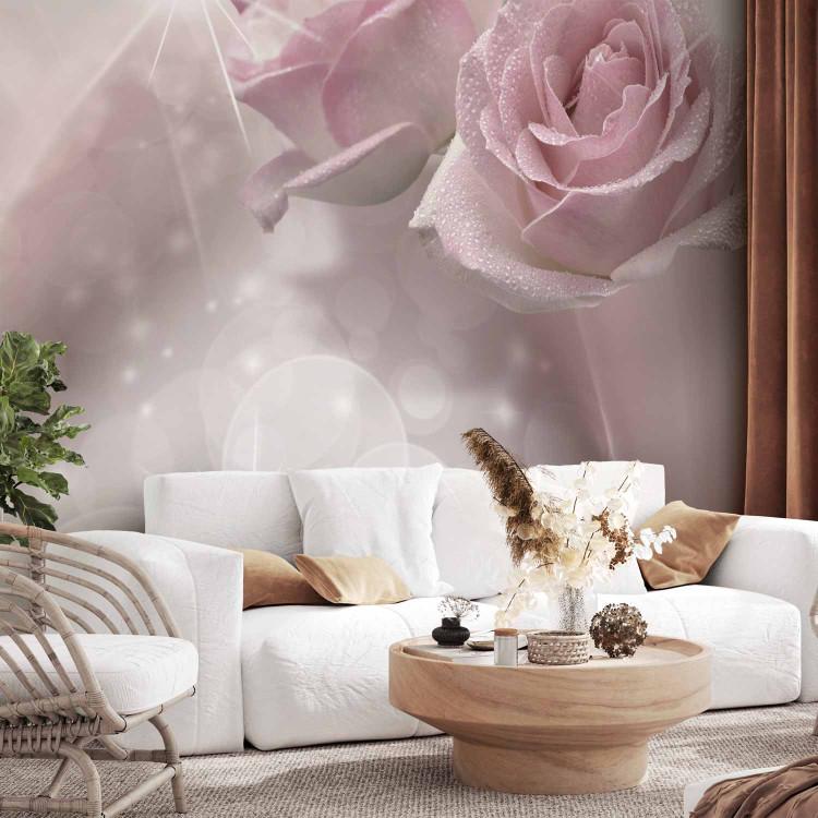 Wall Mural Romantic composition - motif of dewy pale pink roses with sparkle
