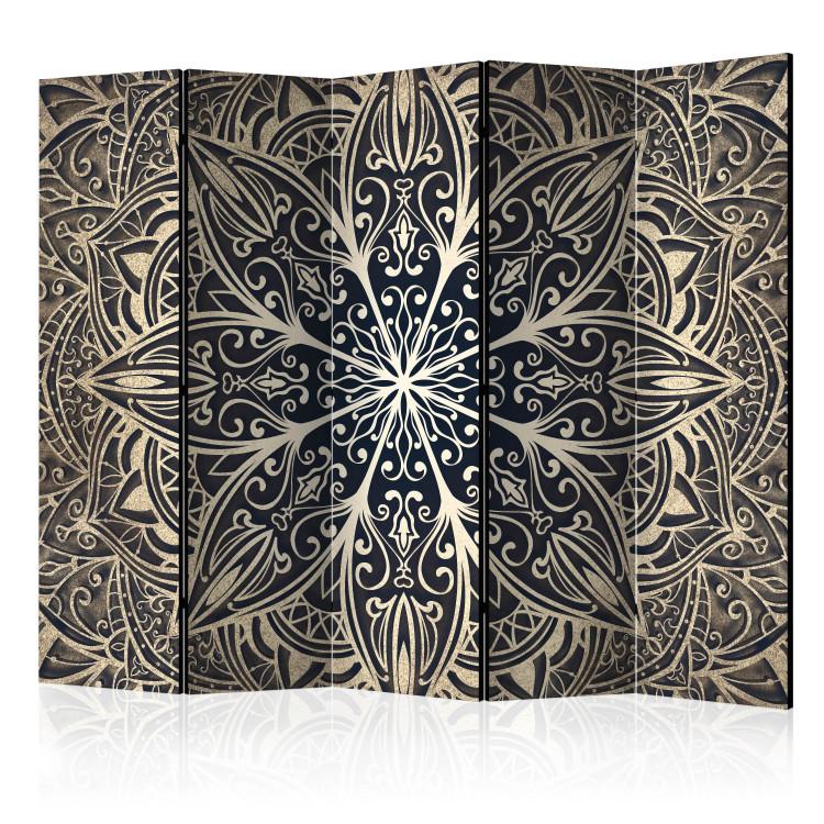 Room Divider Feathers (Brown) II - golden mandala with brown accent on black background