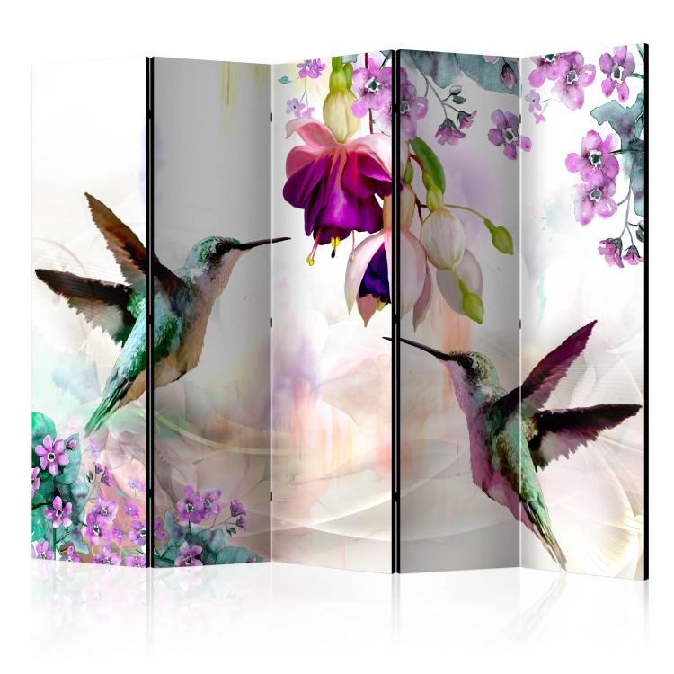 Room Divider Hummingbirds and Flowers II - bird and colorful plants on a multicolored background