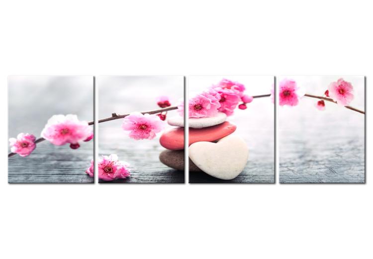 Canvas Print Tricolor Pebbles (4-part) - Japanese Cherry Blossom in Zen Style