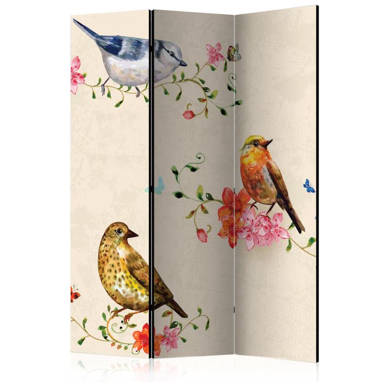 Room Divider Birdsong - animals on colorful plants on a light beige background