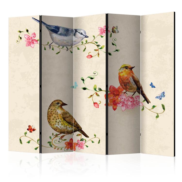 Room Divider Birdsong II - animals on colorful plants on a beige background