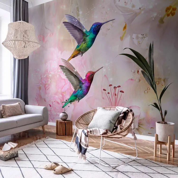 Coloured hummingbirds - motif of birds collecting nectar from lily flowers