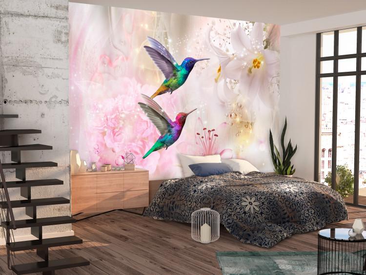 Wall Mural Coloured hummingbirds - motif of birds collecting nectar from lily flowers