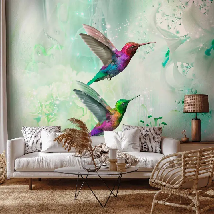 Coloured hummingbirds - motif of multicoloured birds in green patterns