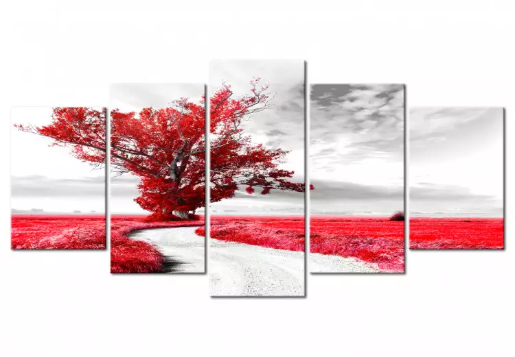 Canvas Print Tree near the Road (5 Parts) Red