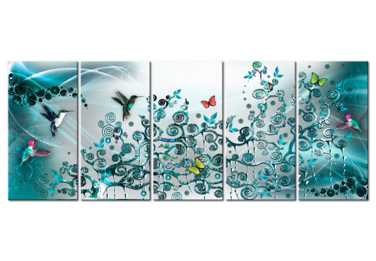 Canvas Print Hummingbird Dance (5-part) Narrow - Animals on Turquoise Background