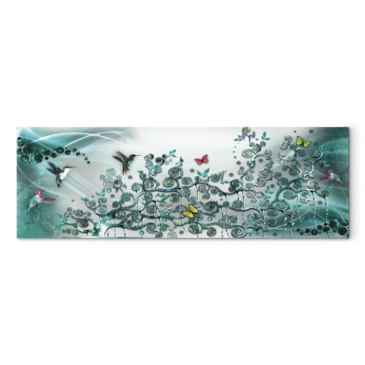 Canvas Print Hummingbird Dance (1-part) Narrow - Animals on Turquoise Background