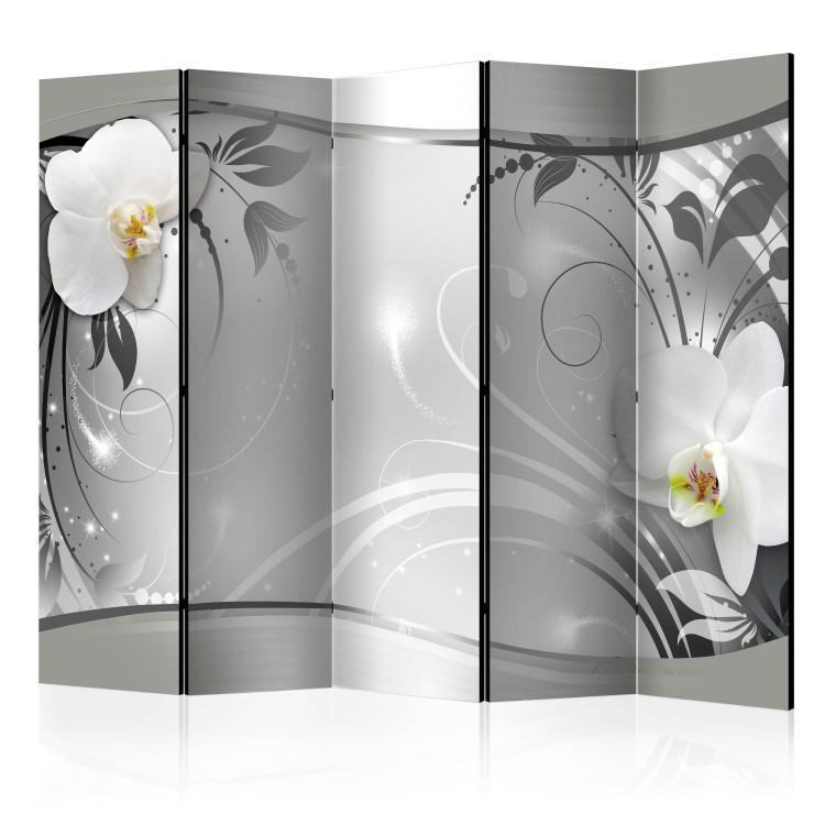 Room Divider Silver Abstraction II - orchid flowers on a silver background with ornaments