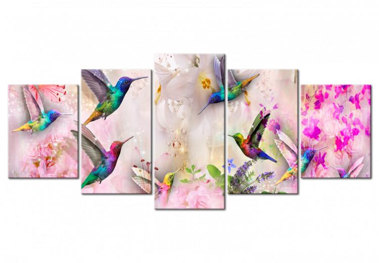 Canvas Print Colourful Hummingbirds (5 Parts) Wide Pink
