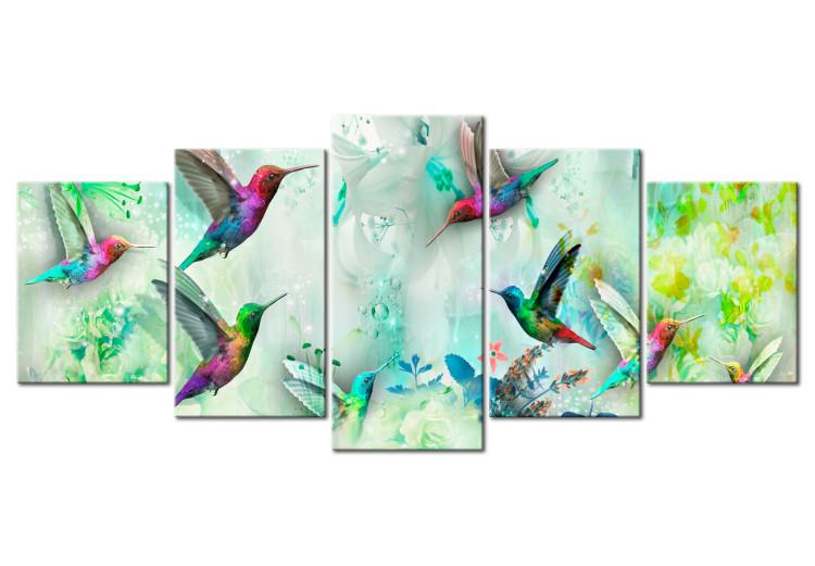 Canvas Print Colorful Hummingbirds (5-part) Wide Green - Romantic Birds