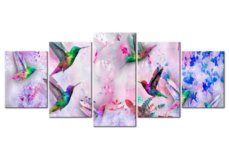 Canvas Print Colorful Hummingbirds (5-part) Wide Purple - Birds and Flowers