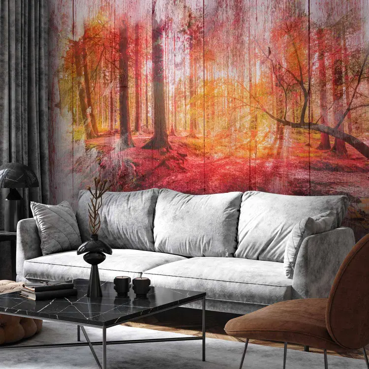 Autumn forest - abstract with forest and trees on wooden white background