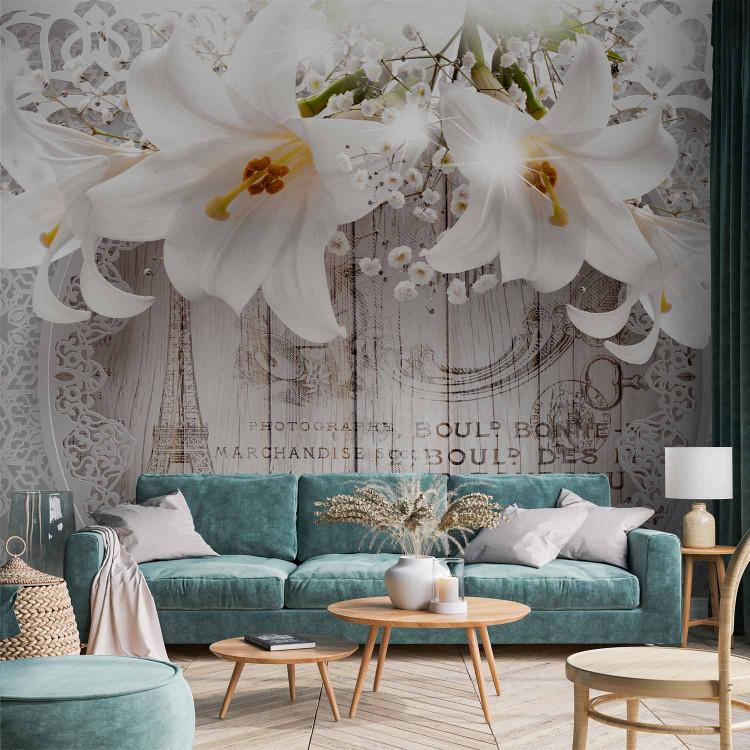 Wall Mural Lilies and Wooden Background
