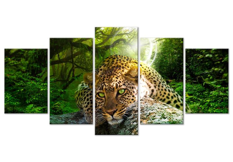 Canvas Print Lying Leopard (5-part) Wide Green - Wild Cat in Forest Background