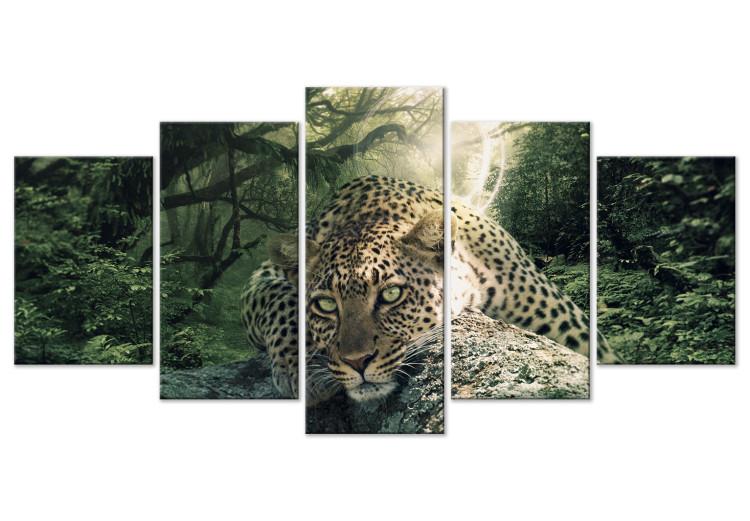 Canvas Print Lying Leopard (5-part) Wide Pale Green - Wild Cat in the Forest