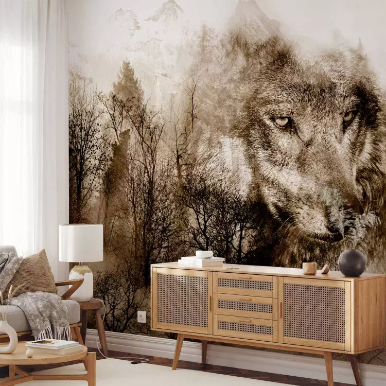 Wall Mural Predator from the mountains - lone wolf among forest trees in the mountains in sepia