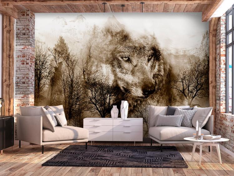 Wall Mural Predator from the mountains - lone wolf among forest trees in the mountains in sepia