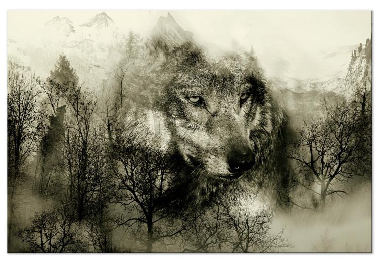 Canvas Print Mountain Predator (1-part) Wide Beige - Dog in Forest Texture
