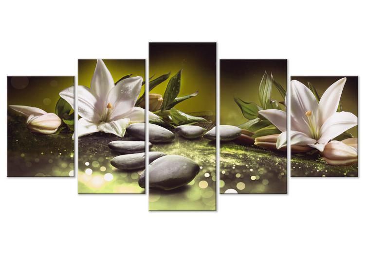 Canvas Print Lilies and Stones (5-part) Wide - Still Life in Zen Style