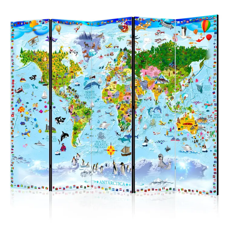World Map for Kids II - map with colorful continents and drawings